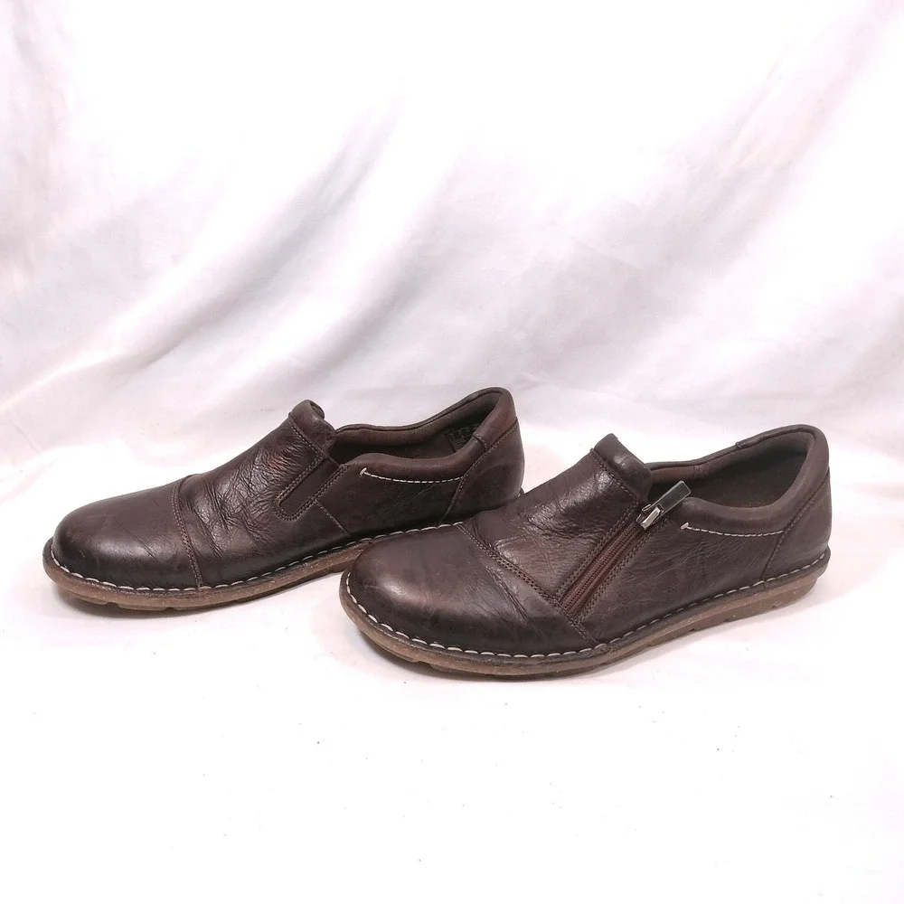 Clarks Brown Leather Loafers; Side Zip, Ortholite, Cushioned, Comfort, Size 9.5